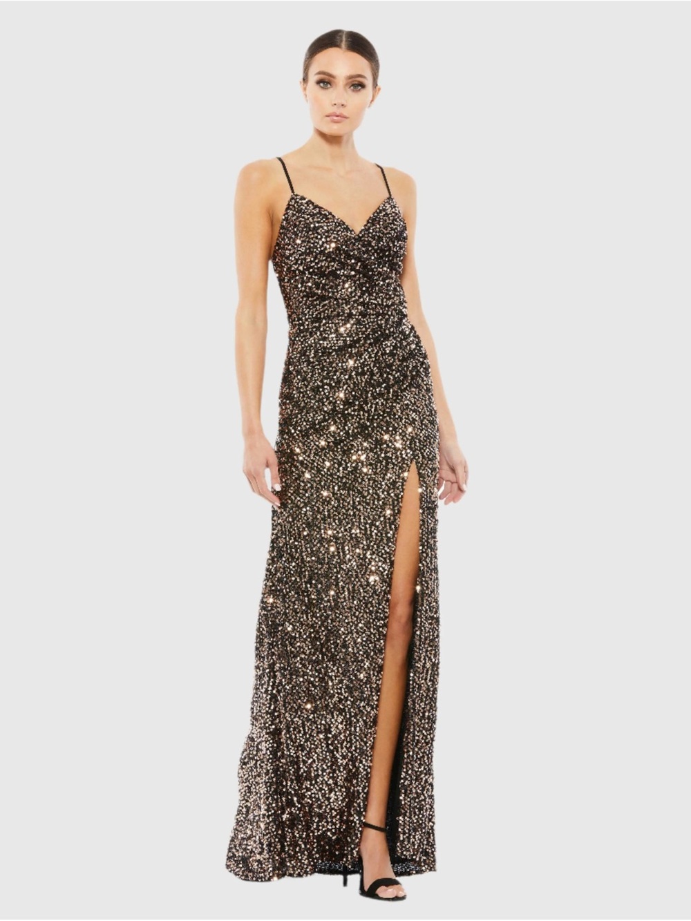Mac Duggal Black and Gold Sequin Spaghetti-Strap Gown with Thigh Slit